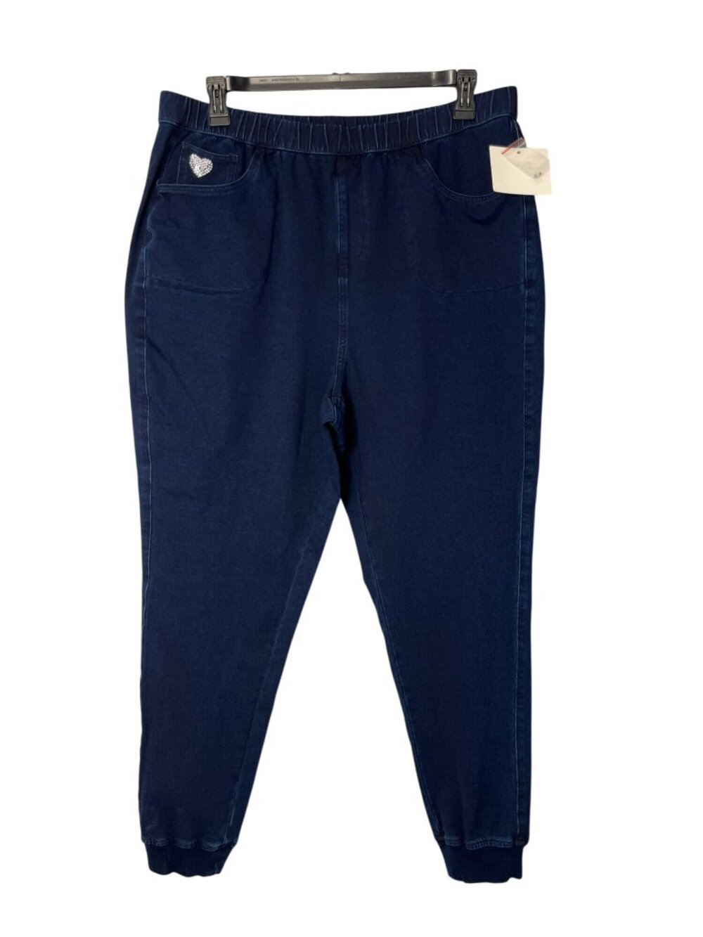 Quacker Factory Knit Jean Joggers Navy Rhinestone Heart Women’s 1XT Tall New